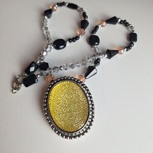 Beaded Pendant Necklace Large Yellow Sparkly Pendant W/ Goldtone Frame 22" Long